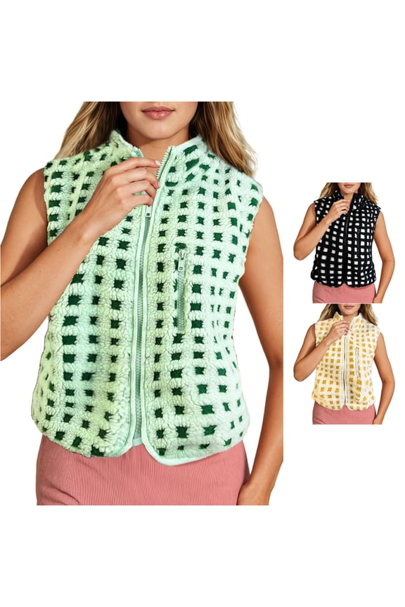 Waffle Plush Sleeveless Vest for Women, Full Zip Stand Collar with Pockets, Casual Everyday Fall Outerwear, 1 Piece, XS-XL