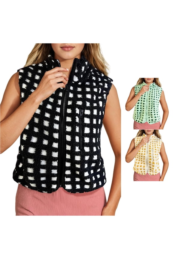 Waffle Plush Sleeveless Vest for Women, Full Zip Stand Collar with Pockets, Casual Everyday Fall Outerwear, 1 Piece, XS-XL