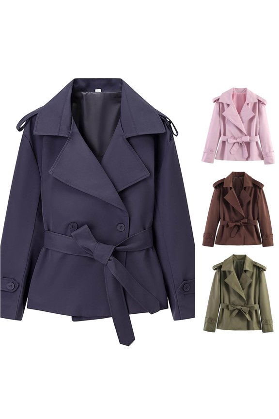 Waist Tie Casual Trench Jacket for Women, Lapel Collar Button Front, Relaxed Fit Everyday Outerwear with Epaulets, 1 Piece, S-L