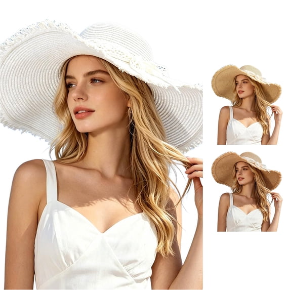 Unir Wide Brim Sun Hat with Lace Bow for Women, Frayed Edge Paper Straw, Lightweight Summer Casual Hat, 1 Piece, One Size