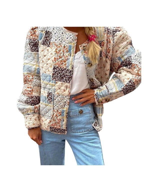 Winter Jackets For Women, Womens Patchwork Quilted Coat with Floral Plaid Print, Collarless Button‑Up Lightweight Outerwear, 1‑Pack, XS‑L True to Size