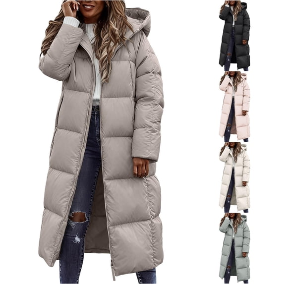 Unir Winter Jackets for Women, Womens Long Puffer Jacket with Fixed Hood, Knee‑Length Quilted Winter Outerwear, Zip‑Up Insulated Casual Coat, S‑XL