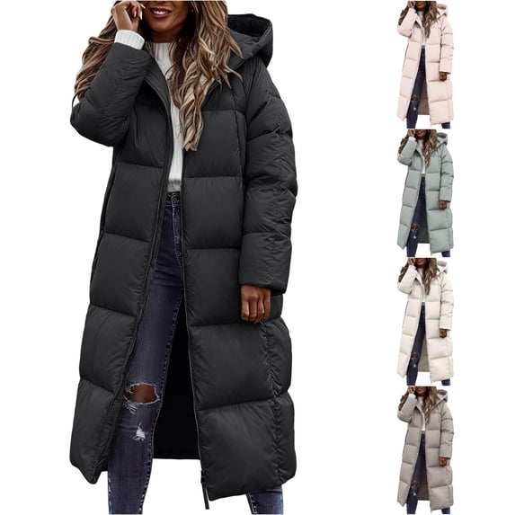 Unir Winter Jackets for Women, Womens Long Puffer Jacket with Fixed Hood, Knee‑Length Quilted Winter Outerwear, Zip‑Up Insulated Casual Coat, S‑XL