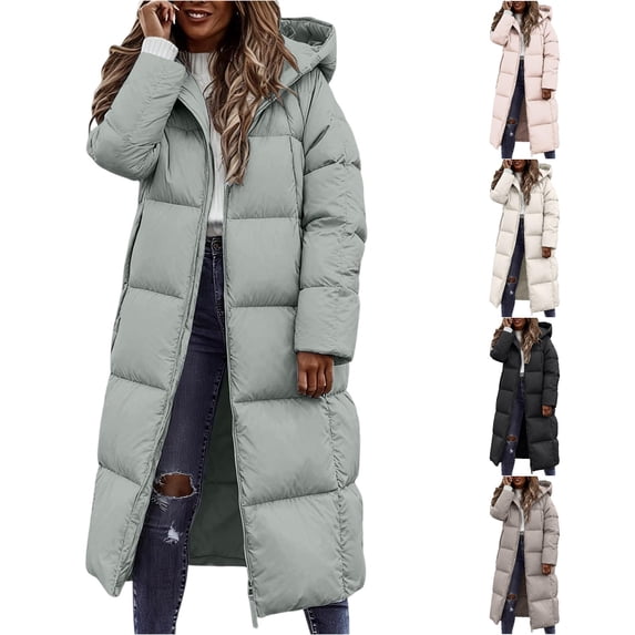 Unir Winter Jackets for Women, Womens Long Puffer Jacket with Fixed Hood, Knee‑Length Quilted Winter Outerwear, Zip‑Up Insulated Casual Coat, S‑XL