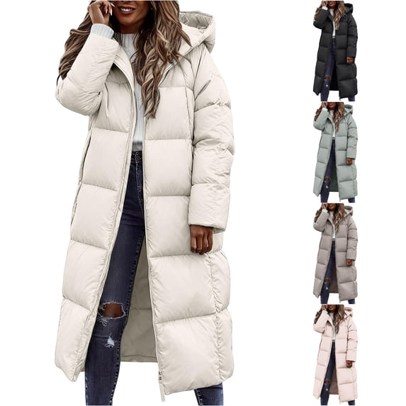 Unir Winter Jackets for Women, Womens Long Puffer Jacket with Fixed Hood, Knee‑Length Quilted Winter Outerwear, Zip‑Up Insulated Casual Coat, S‑XL