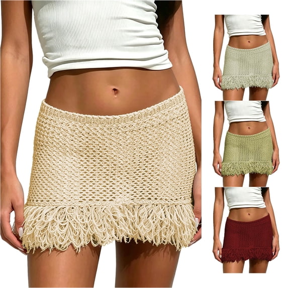Unir Women All-Over Hollow Crochet Knit Fringe Mini Skirt Low Rise Elastic Waist Bodycon Beach Club Summer Bottom 1PC S-XL Plus Size Friendly