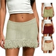 thumbnail image 1 of Unir Women All-Over Hollow Crochet Knit Fringe Mini Skirt Low Rise Elastic Waist Bodycon Beach Club Summer Bottom 1PC S-XL Plus Size Friendly, 1 of 4