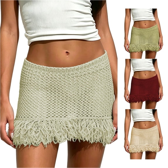 Unir Women All-Over Hollow Crochet Knit Fringe Mini Skirt Low Rise Elastic Waist Bodycon Beach Club Summer Bottom 1PC S-XL Plus Size Friendly