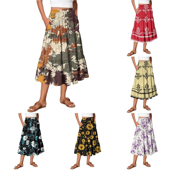 Unir Women Assorted Vintage Floral Print Multi-Tiered Flow Four Way Stretch Midi Skirt Drawstring Ruffle Waist Casual Side Pocket Long Bottom 1PC S-XXL Plus Size Friendly