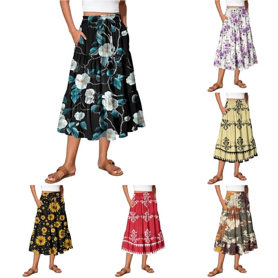 Unir Women Assorted Vintage Floral Print Multi-Tiered Flow Four Way Stretch Midi Skirt Drawstring Ruffle Waist Casual Side Pocket Long Bottom 1PC S-XXL Plus Size Friendly