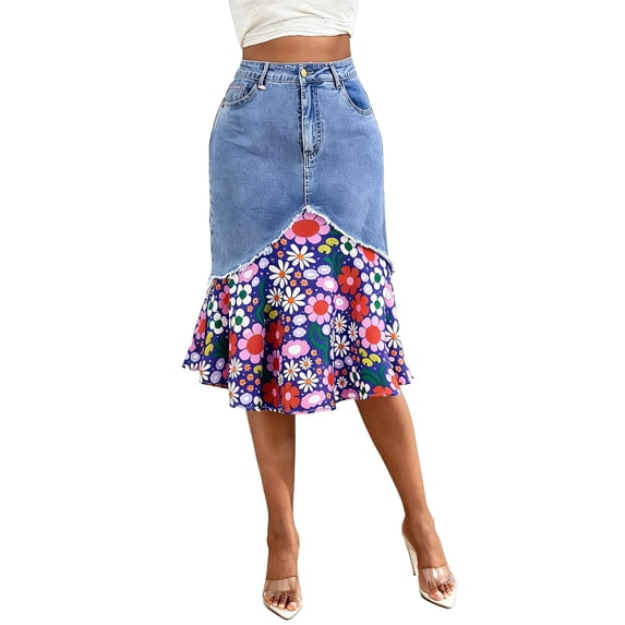 Unir Women Boho Floral Print Patchwork Denim Midi Skirt High Waist Raw Fray Hem Flared Vacation Casual Bottom 1PC S-XL