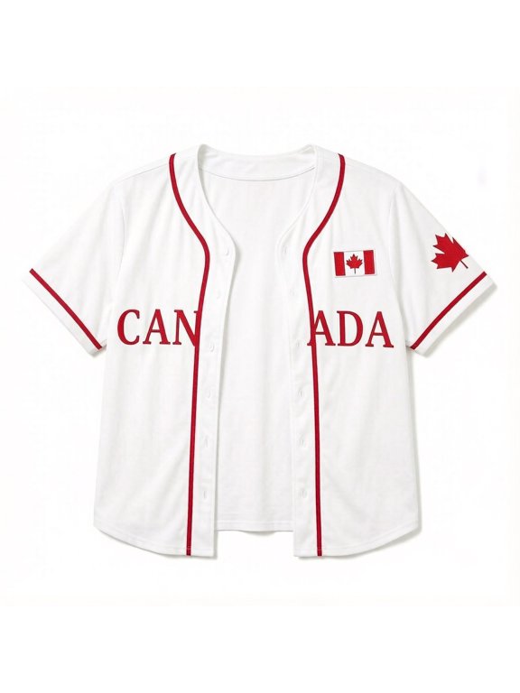 Women Breathable Mesh Baseball Button Front Shirt, Short Sleeve V Neck Canada Maple Leaf Print Casual Jersey, Open Front Layering Top, 1 Piece, S-XXL, Plus Size Friendly, True To Size