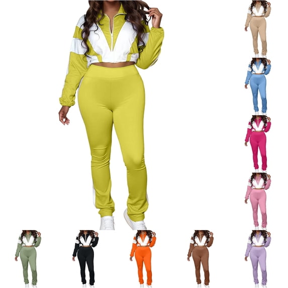 Unir Women Casual 2 Piece Sweatsuit, Brushed Polyester Color Block Zip Crop Top & Stretch Slim Jogger Pants Comfort Daily Outfit S-XXL True To Size