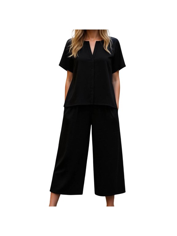 Women Casual Loungewear 2 Piece Set, V Neck Button Short Sleeve Tee & Elastic Waist Wide Leg Crop Pants Lightweight Resistant Home Daily Outfit Black S M L XL XXL True To Size