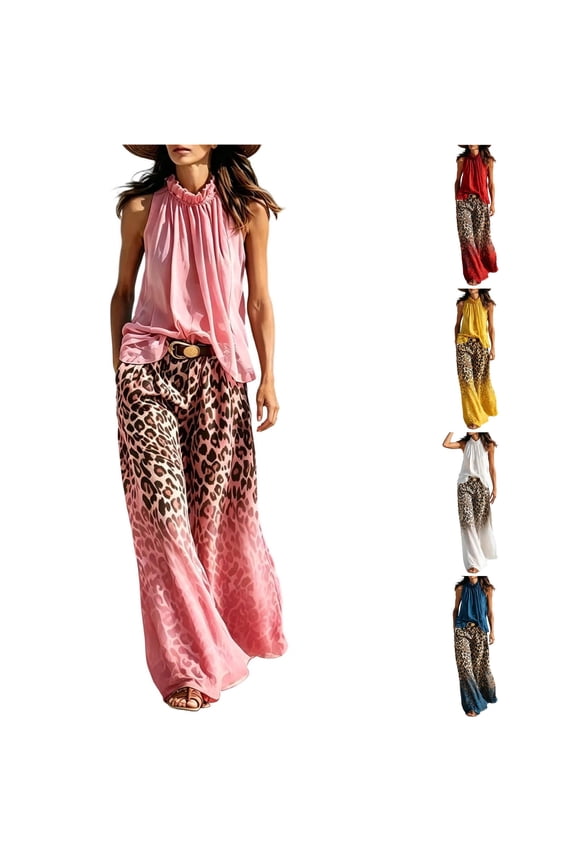 Women Casual Pant Suits, 2‑Piece Halter Sleeveless Chiffon Blouse And Leopard Gradient Wide Leg Pants Set, Breathable Resort‑Style Co‑Ordinated Outfit, XS‑S‑M‑L‑XL‑XXL‑XXXL, True To Size
