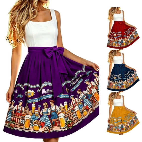 Unir Women Classic Oktoberfest Character Print Full Pleated Swing Four Way Stretch Midi Apron Skirt Detachable Big Bow Waist Festival Wrap Bottom One Size 1PC