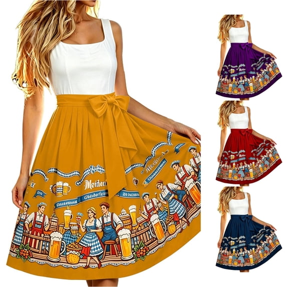 Unir Women Classic Oktoberfest Character Print Full Pleated Swing Four Way Stretch Midi Apron Skirt Detachable Big Bow Waist Festival Wrap Bottom One Size 1PC