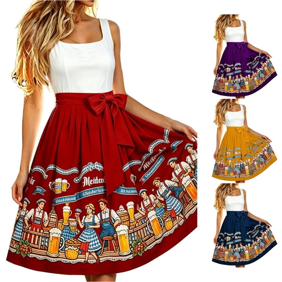 Unir Women Classic Oktoberfest Character Print Full Pleated Swing Four Way Stretch Midi Apron Skirt Detachable Big Bow Waist Festival Wrap Bottom One Size 1PC