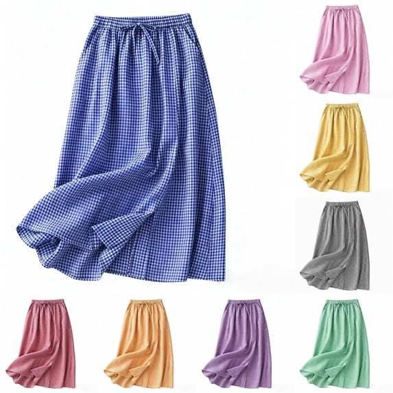 Unir Women Classic Small Gingham Check Flowy Linen Blend Midi Skirt Drawstring Elastic Waist Casual Long Bottom 1PC M-XXL Plus Size Friendly