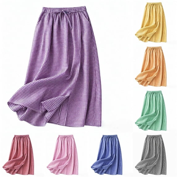 Unir Women Classic Small Gingham Check Flowy Linen Blend Midi Skirt Drawstring Elastic Waist Casual Long Bottom 1PC M-XXL Plus Size Friendly
