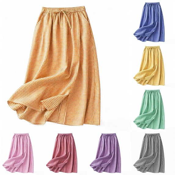 Unir Women Classic Small Gingham Check Flowy Linen Blend Midi Skirt Drawstring Elastic Waist Casual Long Bottom 1PC M-XXL Plus Size Friendly
