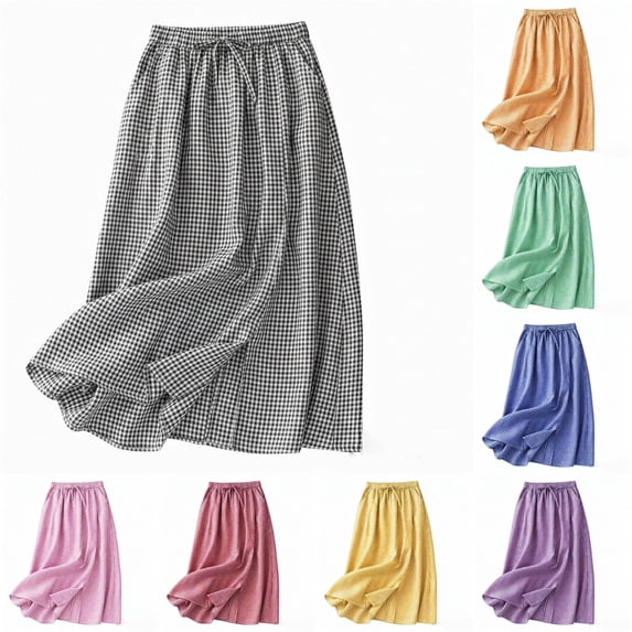 Unir Women Classic Small Gingham Check Flowy Linen Blend Midi Skirt Drawstring Elastic Waist Casual Long Bottom 1PC M-XXL Plus Size Friendly