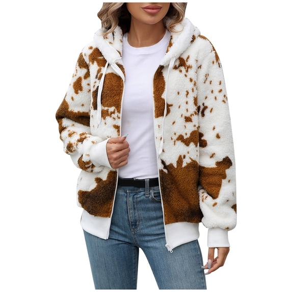 Unir Women Cow Print Hooded Full Zip Arctic Fleece Jacket Reinforced Stitching Long Sleeve Casual Outer Coat With Pockets 1pc S-XXL True To Size
