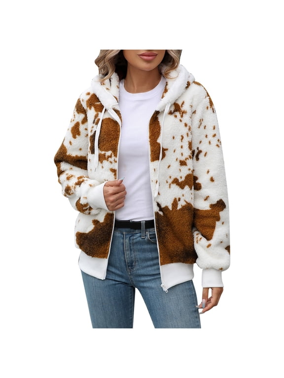 Women Cow Print Hooded Full Zip Arctic Fleece Jacket Reinforced Stitching Long Sleeve Casual Outer Coat With Pockets 1pc S-XXL True To Size