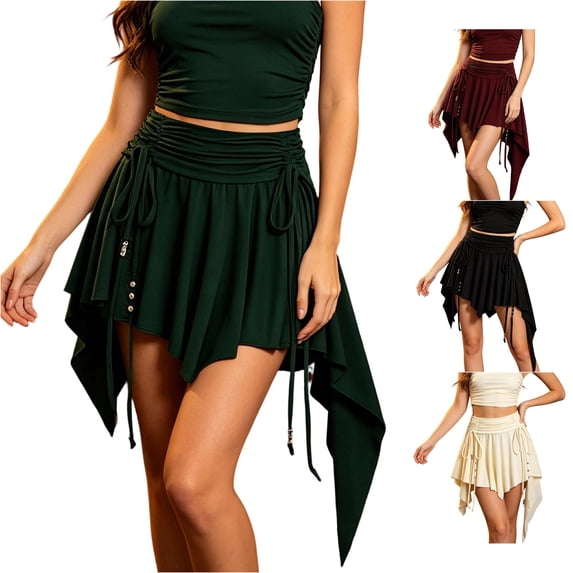 Unir Women Drawstring Pleated Asymmetrical Mini Skirt Y2K Solid Twill Pirate Casual Bottom 1PC S-XXL Plus Size Friendly