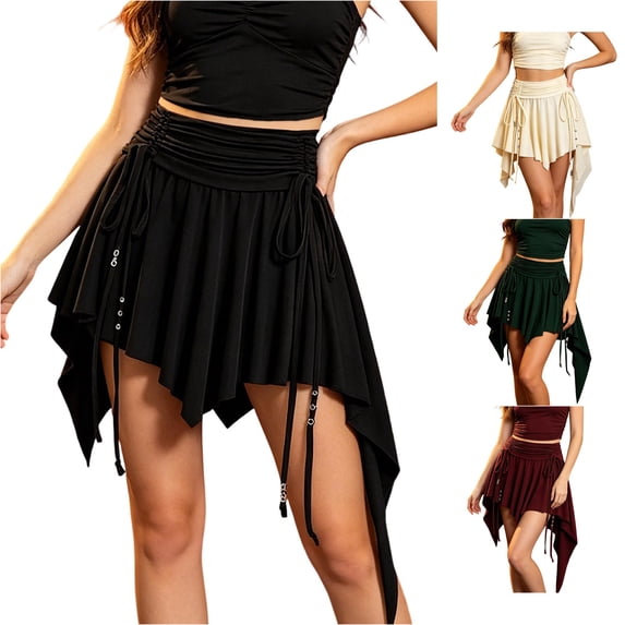 Unir Women Drawstring Pleated Asymmetrical Mini Skirt Y2K Solid Twill Pirate Casual Bottom 1PC S-XXL Plus Size Friendly