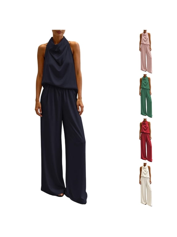 Women Dressy Pant Suits, 2‑Piece Sleeveless Cowl Neck Halter Top And Elastic Waist Wide Leg Pants Resort Casual Outfit Set, Nylon Lightweight Vacation Suit, S‑XL, True To Size