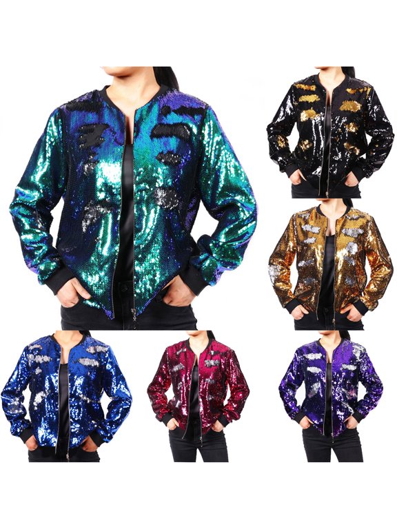 Women Flip Two-Tone Reversible Sequin Baseball Jacket Reinforced Stitching 7 Color Resistant Sparkly Performance Outerwear 1pc S-XXXL True To Size Plus Size Friendly