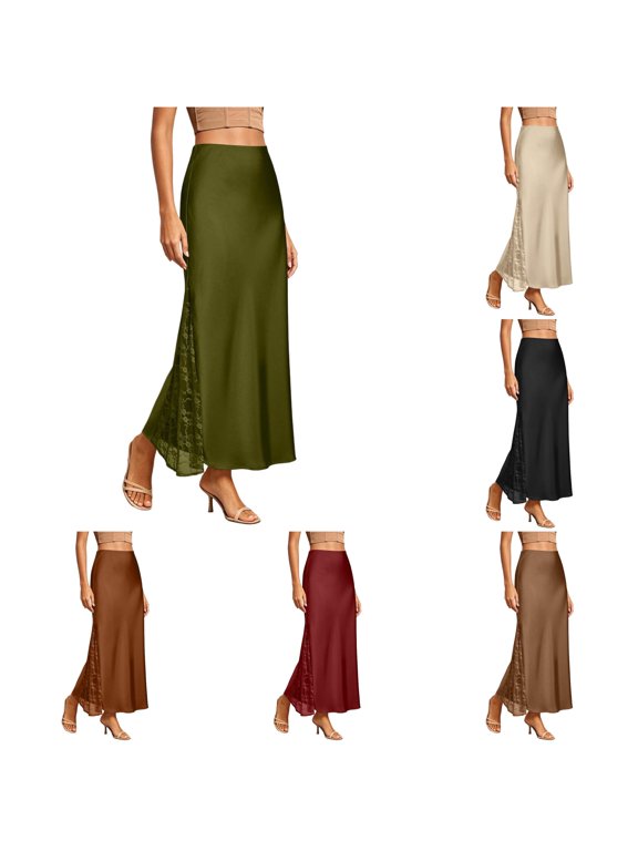 Women Glossy Satin Side Lace Split Maxi Skirt High Waist Flowy A Line Elegant Long Bottom 1PC S-M-L-XL Plus Size Friendly