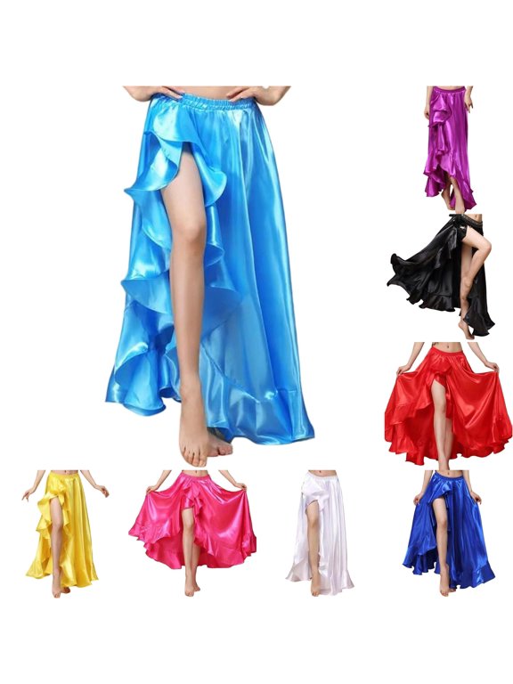 Women High Side Split Ruffle Glossy Satin Maxi Skirt Elastic Waist Belly Dance Practice Stage Performance Casual Bottom 1PC M-L