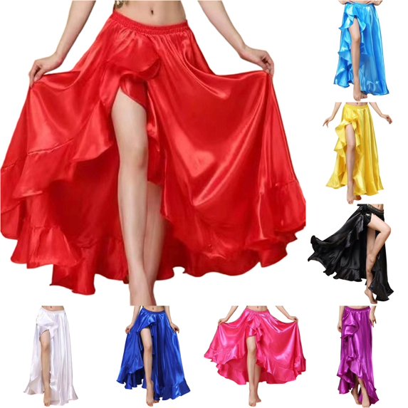 Unir Women High Side Split Ruffle Glossy Satin Maxi Skirt Elastic Waist Belly Dance Practice Stage Performance Casual Bottom 1PC M-L
