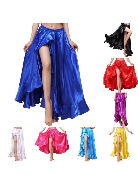 Women High Side Split Ruffle Glossy Satin Maxi Skirt Elastic Waist Belly Dance Practice Stage Performance Casual Bottom 1PC M-L