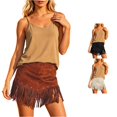 thumbnail image 1 of Unir Women Irregular Cut Long Fringe Faux Suede A Line Mini Skirt High Waist Metal Rivet Western Cowboy Casual Bottom 1PC S-XXL Plus Size Friendly, 1 of 5