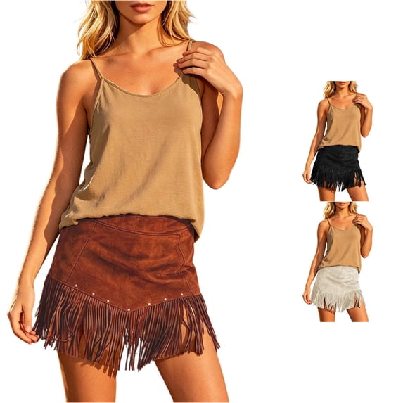 Unir Women Irregular Cut Long Fringe Faux Suede A Line Mini Skirt High Waist Metal Rivet Western Cowboy Casual Bottom 1PC S-XXL Plus Size Friendly