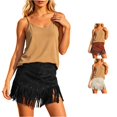 thumbnail image 1 of Unir Women Irregular Cut Long Fringe Faux Suede A Line Mini Skirt High Waist Metal Rivet Western Cowboy Casual Bottom 1PC S-XXL Plus Size Friendly, 1 of 5