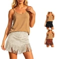 thumbnail image 1 of Unir Women Irregular Cut Long Fringe Faux Suede A Line Mini Skirt High Waist Metal Rivet Western Cowboy Casual Bottom 1PC S-XXL Plus Size Friendly, 1 of 5