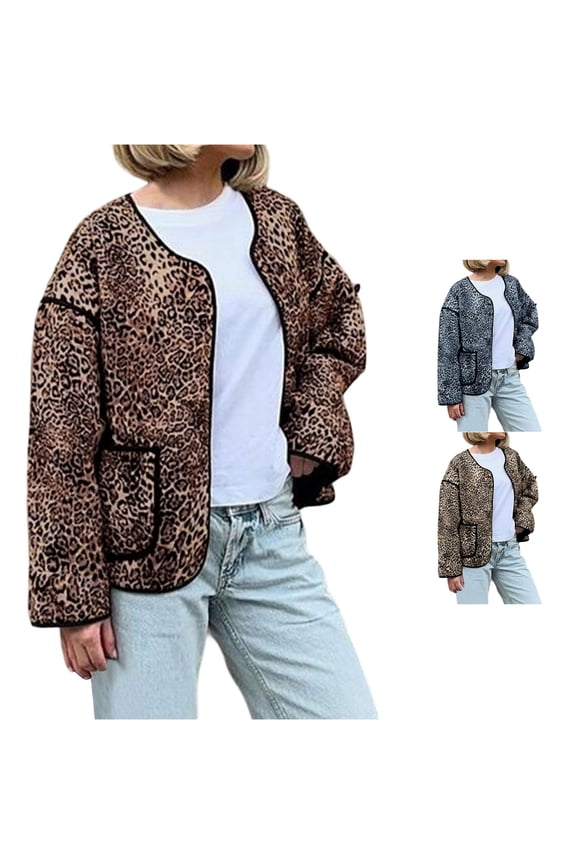 Women Leopard Print Open Front Quilted Jacket Reinforced Stitching Wrinkle Resistant Crew Neck Long Sleeve Outer Coat 1pc S-XL True To Size