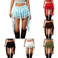 thumbnail image 1 of Unir Women Multi-Layer Floral Lace Ruffle Mini Skirt Wide Elastic Waist Irregular Asymmetrical Side Drape Western Festival Casual Short Bottom 1PC XS-L Plus Size Friendly, 1 of 5