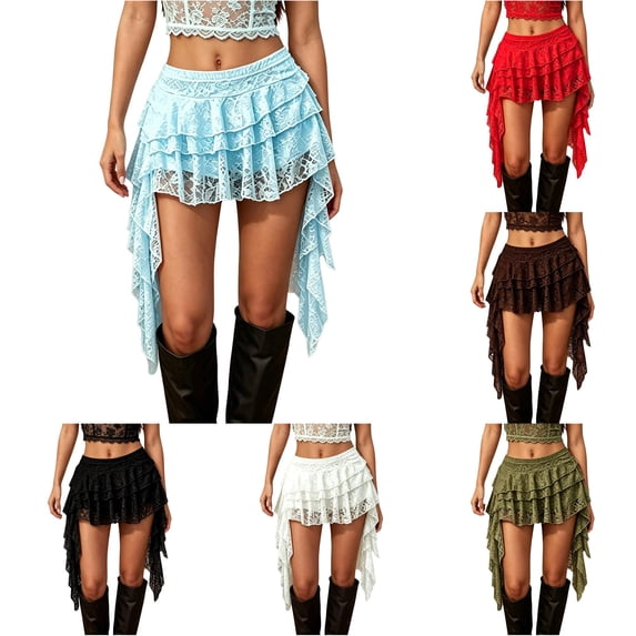 Unir Women Multi-Layer Floral Lace Ruffle Mini Skirt Wide Elastic Waist Irregular Asymmetrical Side Drape Western Festival Casual Short Bottom 1PC XS-L Plus Size Friendly
