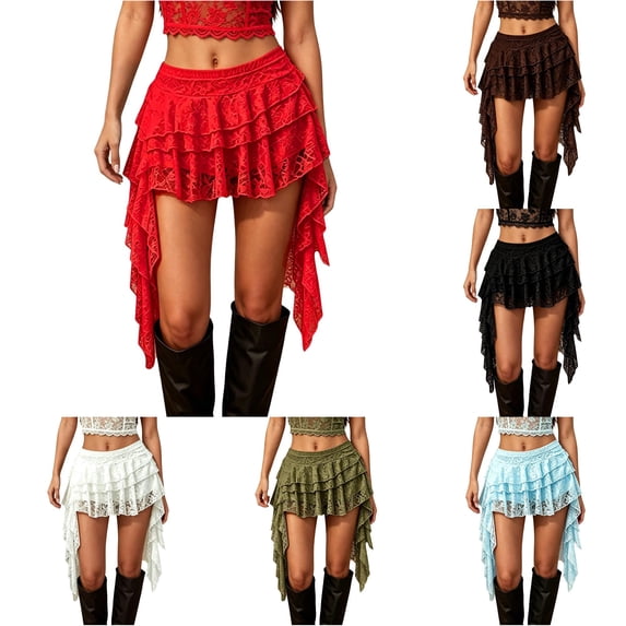 Unir Women Multi-Layer Floral Lace Ruffle Mini Skirt Wide Elastic Waist Irregular Asymmetrical Side Drape Western Festival Casual Short Bottom 1PC XS-L Plus Size Friendly