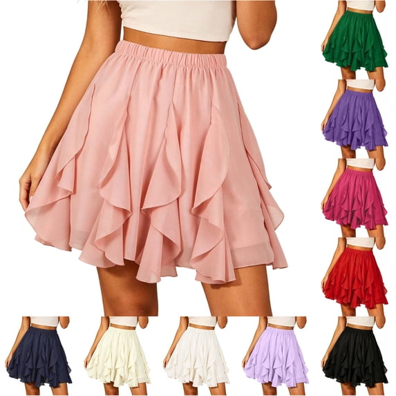 Unir Women Multi-Layer Ruffle Tiered Flowy Mini Chiffon Skirt Elastic High Waist Pleated Summer Beach Casual Bottom 1PC S-XXL Plus Size Friendly