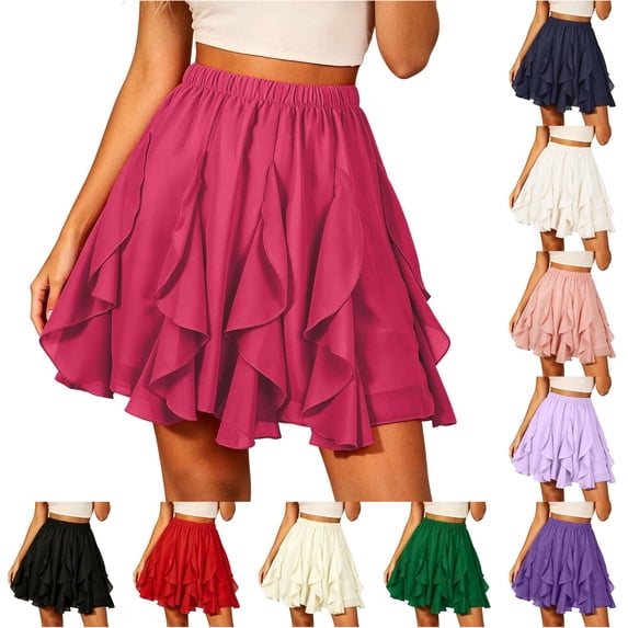 Unir Women Multi-Layer Ruffle Tiered Flowy Mini Chiffon Skirt Elastic High Waist Pleated Summer Beach Casual Bottom 1PC S-XXL Plus Size Friendly