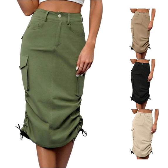 Unir Women Multi Pocket Cargo Midi Skirt High Waist Side Drawstring Ruched Twill Casual Street Bottom 1PC XS-S-M-L-XL Plus Size Friendly