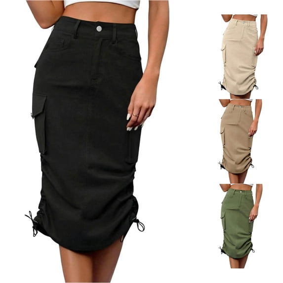 Unir Women Multi Pocket Cargo Midi Skirt High Waist Side Drawstring Ruched Twill Casual Street Bottom 1PC XS-S-M-L-XL Plus Size Friendly