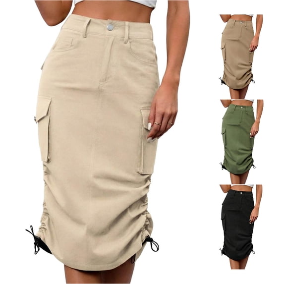 Unir Women Multi Pocket Cargo Midi Skirt High Waist Side Drawstring Ruched Twill Casual Street Bottom 1PC XS-S-M-L-XL Plus Size Friendly