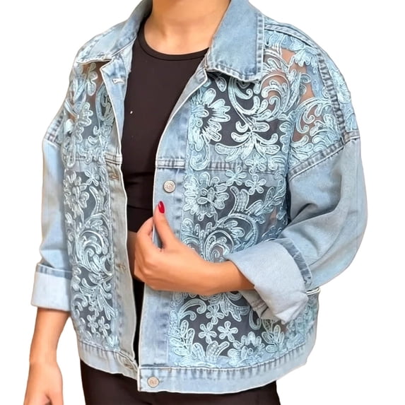 Unir Women Oversized Floral Lace Patchwork Cropped Denim Jacket Collared Button Up Casual Outer Coat 1PC S-XXL